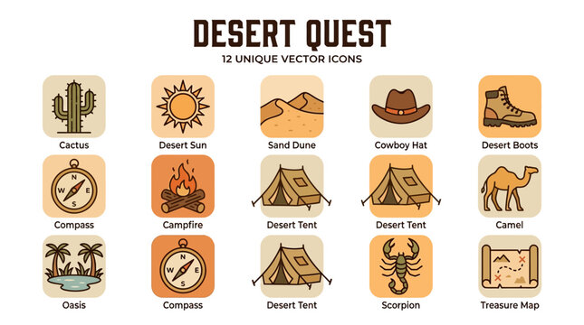 Set of twelve desert adventure vector icons featuring cactus, compass, camel, and camping gear for travel and outdoor branding