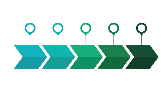 Five colorful chevron arrows arranged in a horizontal line with circular map pins depicting a professional business process flow diagram