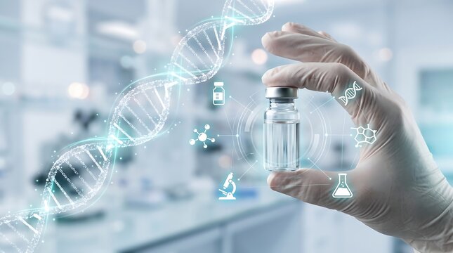 Researcher hand in white glove holding medical vial with glowing dna strand and scientific icons in advanced laboratory environment for genetic research and development