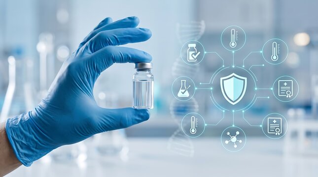 Medical professional hand in blue glove holding vaccine vial with digital shield and temperature icons representing safe storage and cold chain pharmaceutical logistics