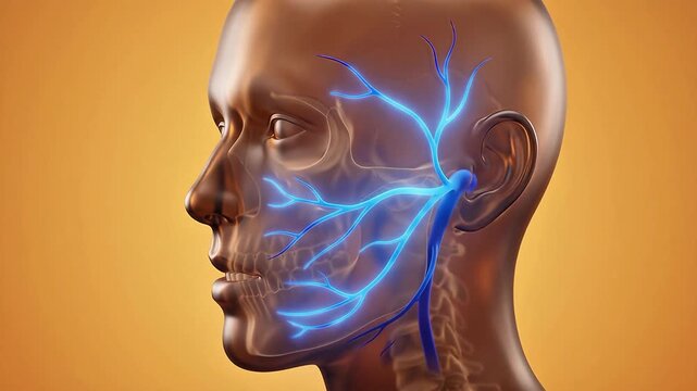 3D anatomical visualization of the facial nerve system showing branching pathways on a human head profile against an orange background