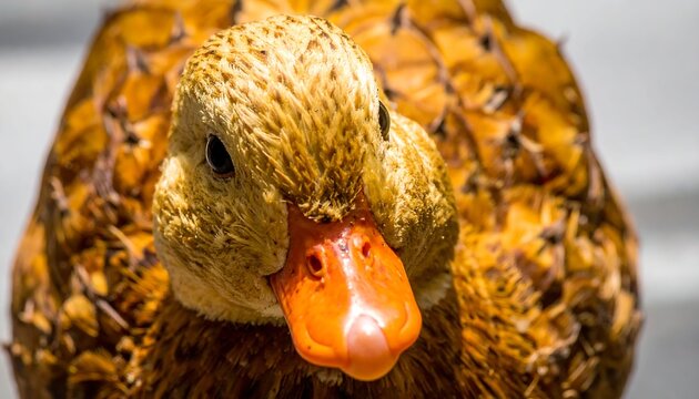 Close up portrait of a cute brown duck with an orange beak looking directly at the camera