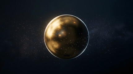 Obraz premium Golden celestial sphere with textured surface rotating against deep space backdrop for scientific visualization