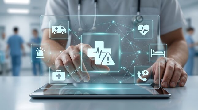 Healthcare worker using interactive medical network touchscreen for emergency management and hospital operations with digital icons showing ambulance and health services