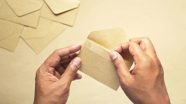 Close up hands opening brown thank you card inside brown envelope, thank you message written on paper, appreciation message for customers
