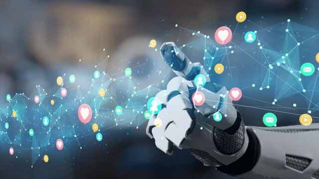 A futuristic robot hand extends towards a vibrant display of social media icons and connections, illustrating the synergy between technology and digital interaction in a modern setting. Salient