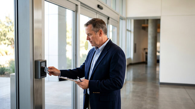Professional checking an electronic access point in a modern building, illustrating access control, facility security, building technology and workplace operations for commercial training use