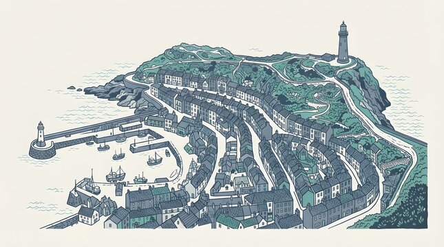 Coastal fishing village with harbor and lighthouse illustration in flat line art sketch style.
