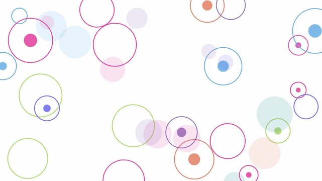 Minimalist abstract design featuring vibrant multi-colored rings and solid dots scattered on a clean white backdrop.