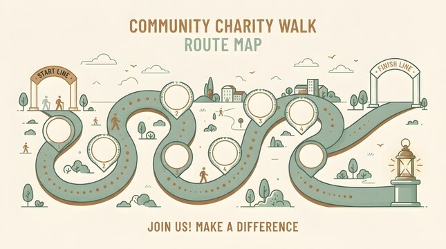Community charity walk route map illustration with checkpoints and finish line for event info.