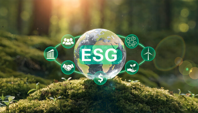 Esg concept globe with sustainability icons on green leafy background