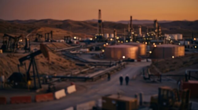 Oil field facility at sunset with pump jacks and storage tanks in a desert landscape. Two workers walk along a path in the soft focus foreground while industrial equipment operates.