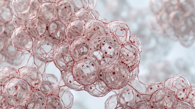 Scientific visualization of a cluster of human fat cells with adipose tissue cell biology human anatomy cellular structure obesity study life sciences science background adipocytes microscope