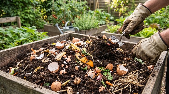 Organic garden compost bin with food waste, gardener turning soil with eggshells and vegetable scraps, sustainable backyard composting for fertilizer