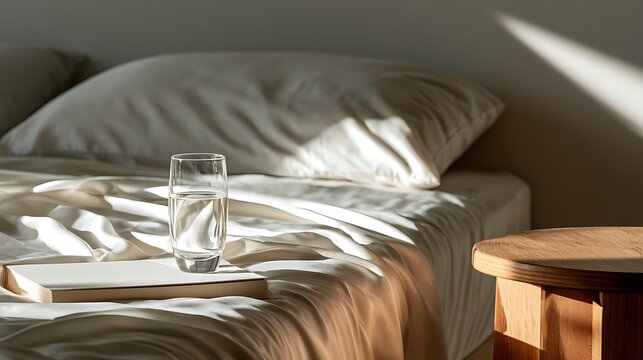 A glass of pure water standing on a closed book on a messy bed with satin sheets in sunlit bedroom