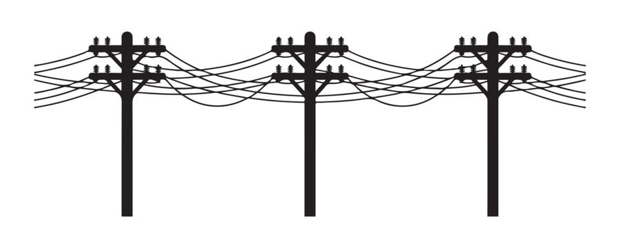 Electricity power lines with wooden poles and wires for energy distribution network system.