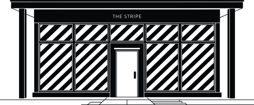 Modern commercial storefront building facade with large diagonal striped windows and flat roof black vector illustration