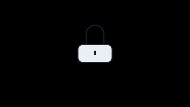 Minimal animated security padlock icon showing a digital verification sweep, access validation, mechanical shackle release, and subtle confirmation pulse. Clean monoline motion design for cybersecurit