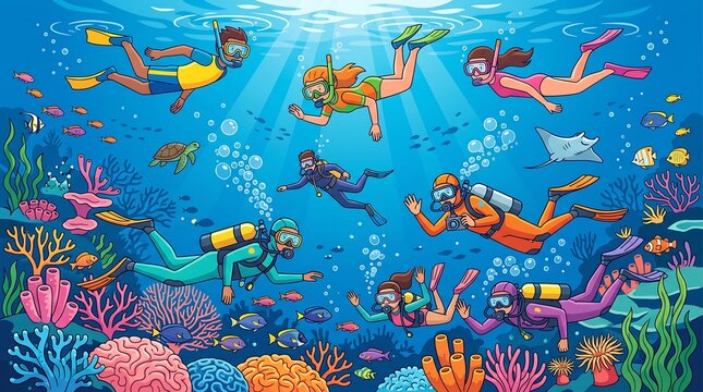 Group of scuba divers and snorkelers swimming over a vibrant coral reef