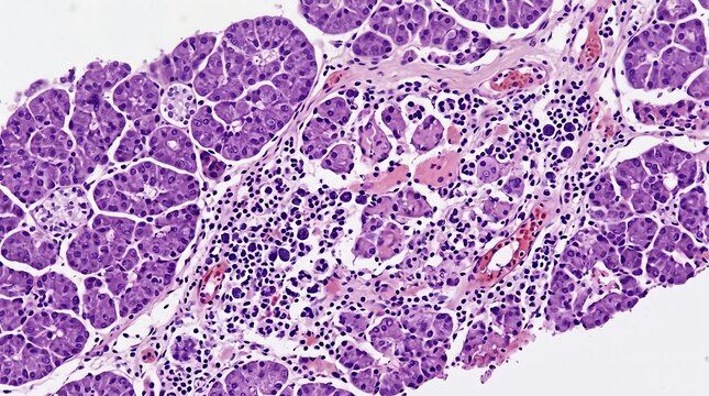 Histopathological slide of pancreatic tissue showing inflammation and acinar structure with acinar cells medical science human anatomy tissue damage cellular level health science histology slide