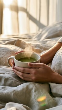 Close up of a person holding a hot ceramic mug of steaming green matcha tea while relaxing in bed in the morning