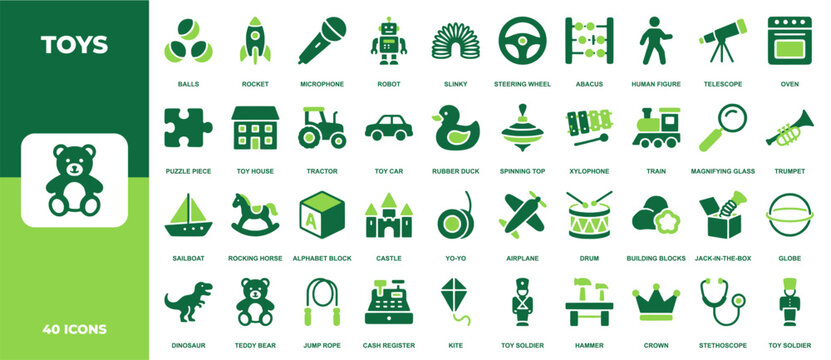 Children toys icon set. Containing teddy bear, robot, rocket, train, puzzle piece, xylophone, sailboat, rubber duck, and kite. Vector solid icons collection.