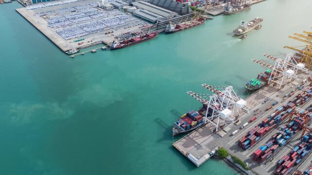 time lapse Tugboats assisting a container ship arriving at a busy commercial seaport terminal with gantry cranes and cargo. Global maritime logistics, international shipping trade, and freight transpo