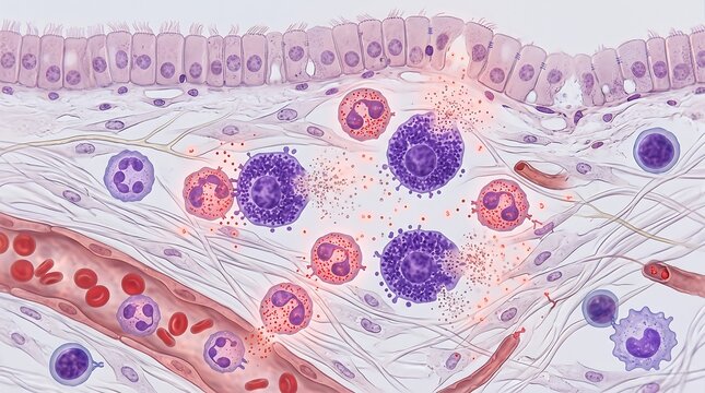 Microscopic view of immune cells and blood vessels in lung tissue with medical imaging human anatomy immune response respiratory system medical science medical diagnostic cell culture histology