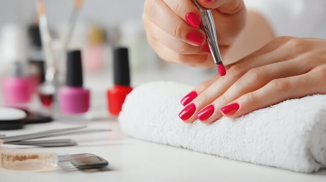 Manicure process with vibrant nail polish hues.