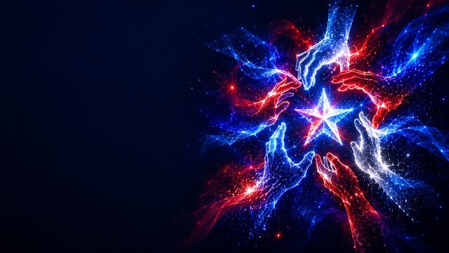 Abstract star glowing with patriotic red and blue light trails patriotic colors abstract design graphic element dynamic lines digital art fourth july independence day light energy neon effect