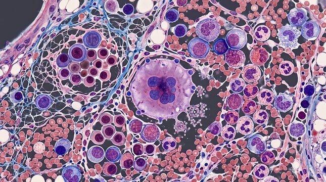 High magnification micrograph showing complex cellular tissue with stained nuclei and plasma cell biology biological sample scientific imaging medical research tissue section clinical analysis