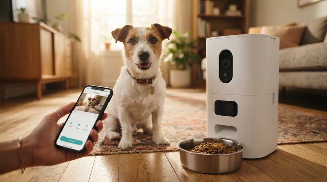 Pet owner using a smartphone to control a smart automatic pet feeder for a waiting dog.