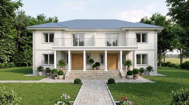 Classic two story duplex house exterior with cream walls and grey roof featuring two separate entrances and front porch with landscaping in a quiet residential parkland setting