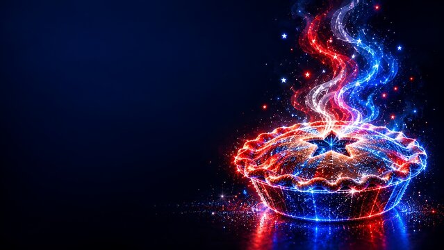 Apple pie with glowing red and blue light trails emanating from crust baked pie fruit pie homemade pie sweet pastry holiday dessert patriotic colors glowing lines abstract food dessert table