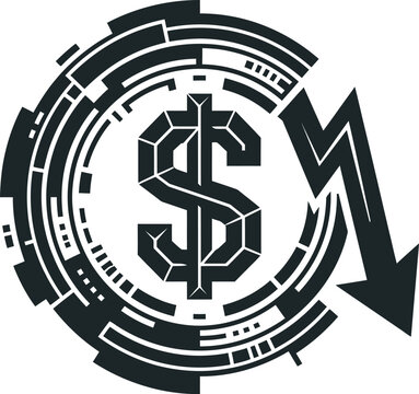 Dollar symbol with downward arrow and futuristic circular interface, representing financial loss, declining investment, market downturn, recession and economic risk