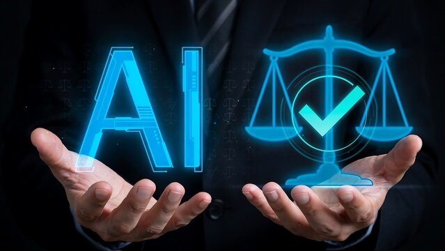 Artificial intelligence scales of justice concept with digital blue AI lettering in hands