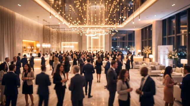 Blurred luxury hotel or corporate event hall with professionals networking under golden ceiling lights for upscale business gathering and social networking environment concept