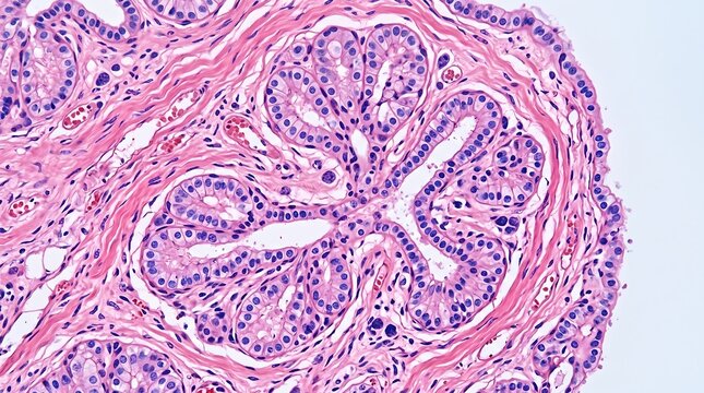 Histological cross section of prostate gland tissue showing glandular architecture with medical pathology human tissue cellular structure glandular epithelium prostate health medical imaging