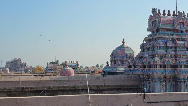 Panoramic view of colorful gopurams and vimanas across the Sri Ranganathaswamy Temple complex in Srirangam