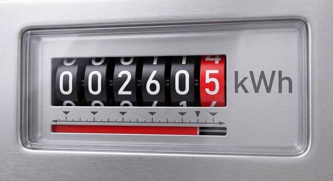 A close up view of an analog electric meter showing the current energy consumption reading with electricity meter displays numerical reading twenty