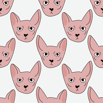 Collection of cute cat breeds faces seamless patterns set, vector cartoon kitten head background bundle for textile design
