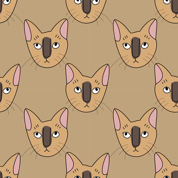Collection of cute cat breeds faces seamless patterns set, vector cartoon kitten head background bundle for textile design