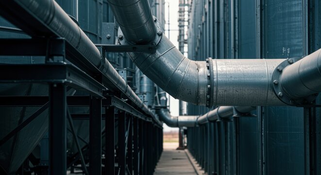Industrial pipe system connecting metal silos in factory corridor with metallic structure