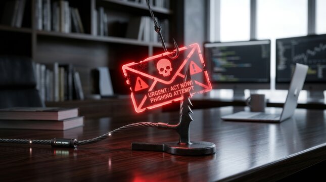 Cyber security concept showing a red glowing holographic phishing email being caught by a hook on an office desk, representing data breach, identity theft, and internet scam alert