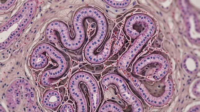 Microscopic view of cross-sectioned convoluted renal tubules in human kidney tissue with h and e microscope histology microscopic cellular pathology biomedical micrograph staining structure