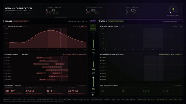 A visually striking demand optimization dashboard simulator showcasing before and after equipment scheduling with vibrant color contrasts and interactive controls for enhanced user experience.