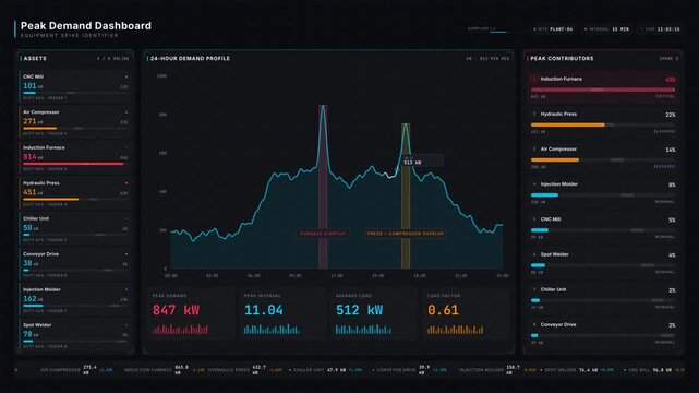 Cinematic dark-mode industrial dashboard featuring equipment spike identifier, live power bars, and area chart visualizing peak demand metrics with vibrant cyan and red accents.