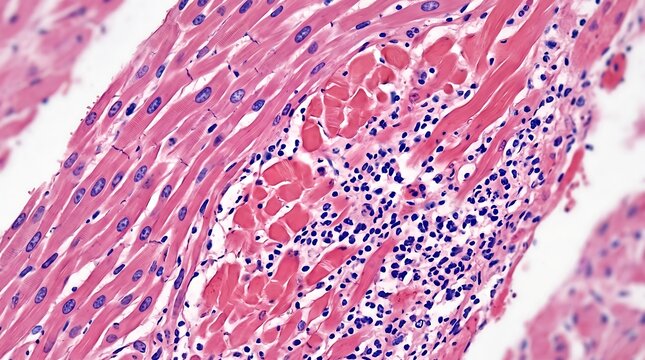 Cardiac muscle fibers under microscope showing myocarditis inflammation with myocarditis histology microscope inflammation myocardium pathology biomedical micrograph staining cardiomyocytes