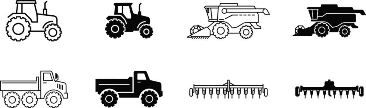 Agricultural machinery tractor combine harvester dump truck and plow vector icon set for industrial farming equipment design