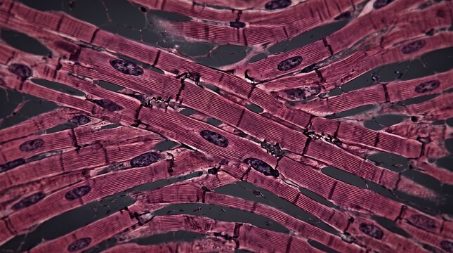 Cardiac muscle fibers with visible striations and intercalated discs in tissue sample striations intercalated histology microscope myocardium cardiomyocytes biomedical microscopic pathology